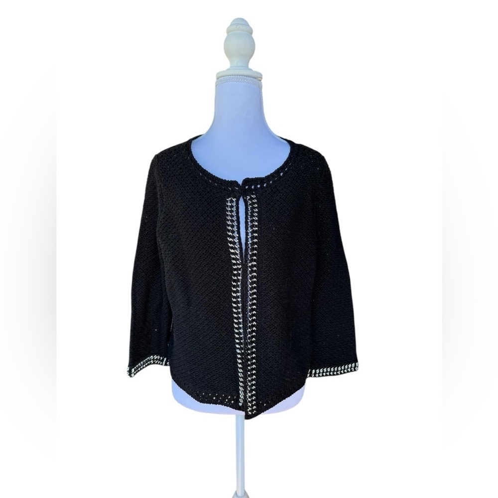 CHICOS Black Knit Silver Chain Detail Zebra Stripe Mesh Cardigan Medium (1)